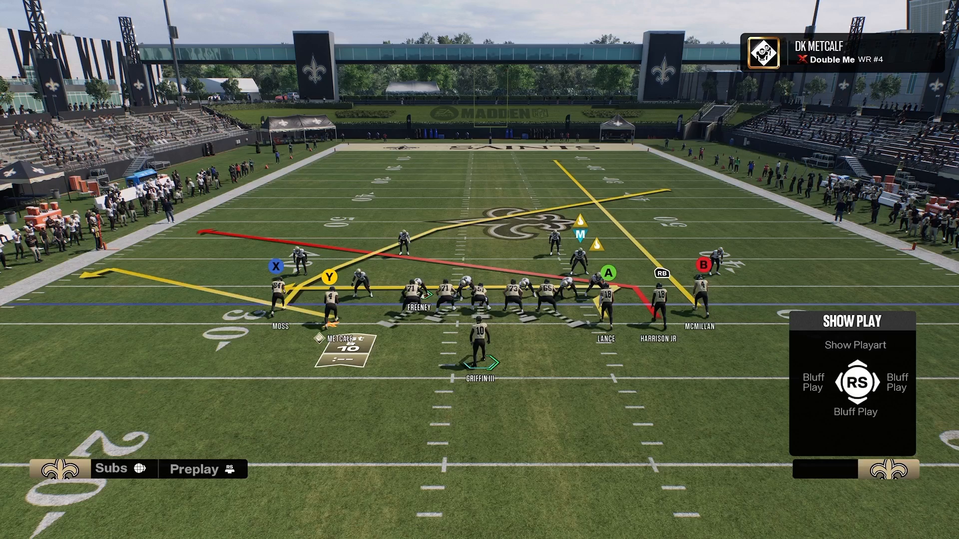 Player executing the Motion Post Swirl play during a Madden 27 match