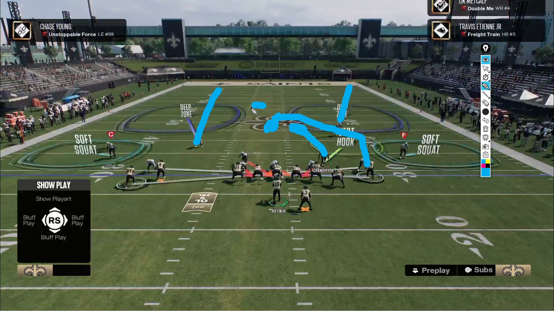 Quarterback about to throw an interception due to Crossman defense