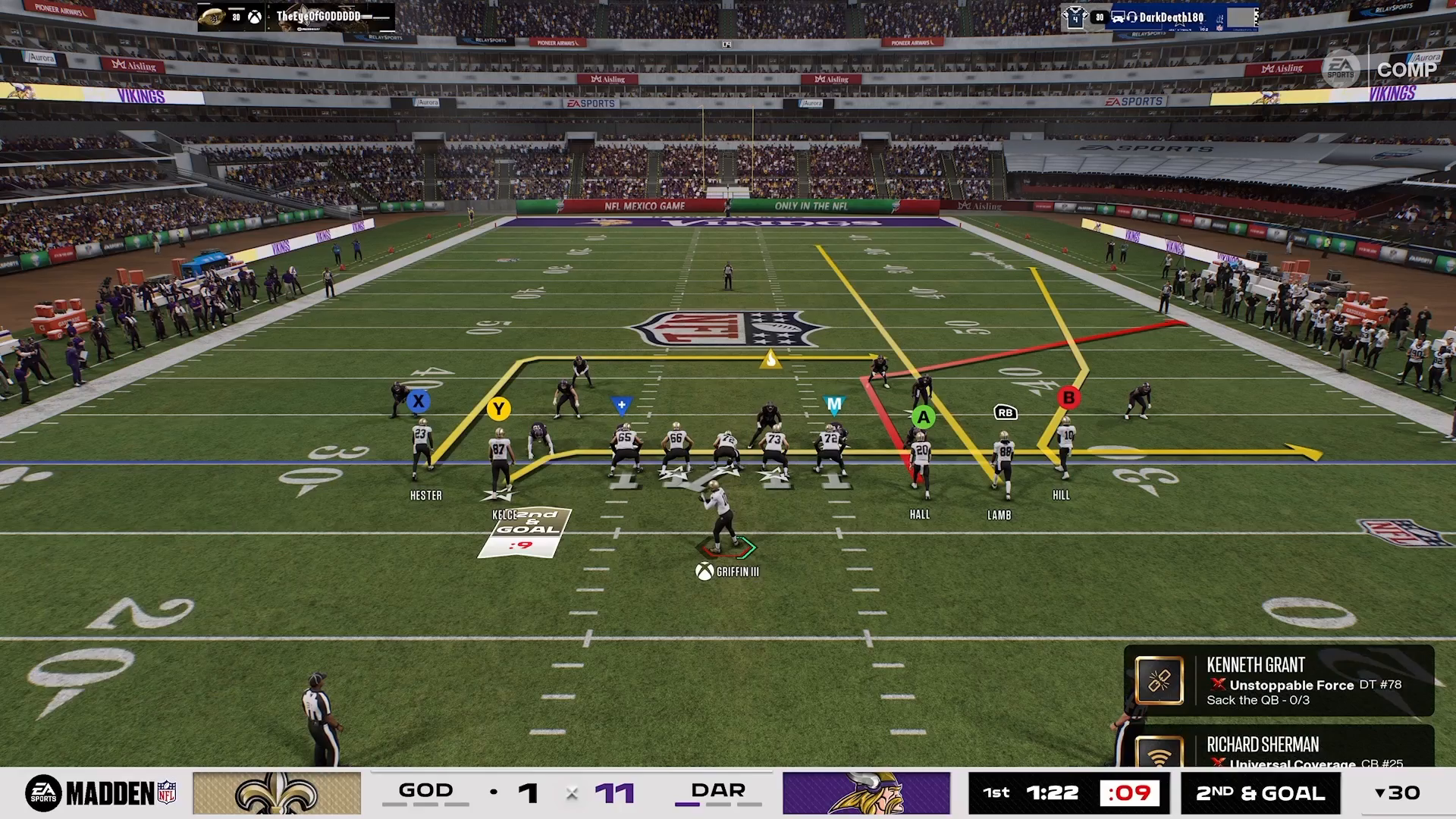 Offensive line positioning for double-teaming a defensive tackle
